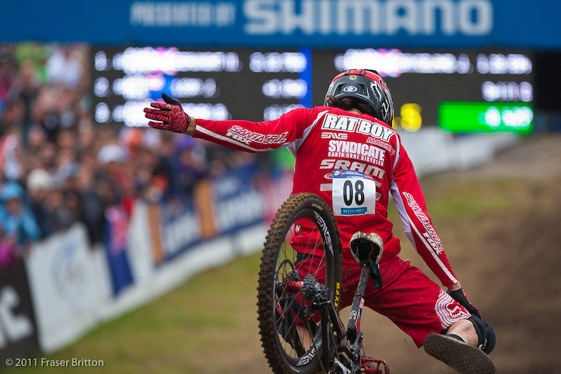 Josh Bryceland had a rough day. He had a blazing run going until the last 50m. he blew his feet off the pedals and sailed off the the finish line gap with no hands or feet on the bars. Luckily Josh was okay and smiling in the pits a few minutres ago pride hurt but body not damaged.
