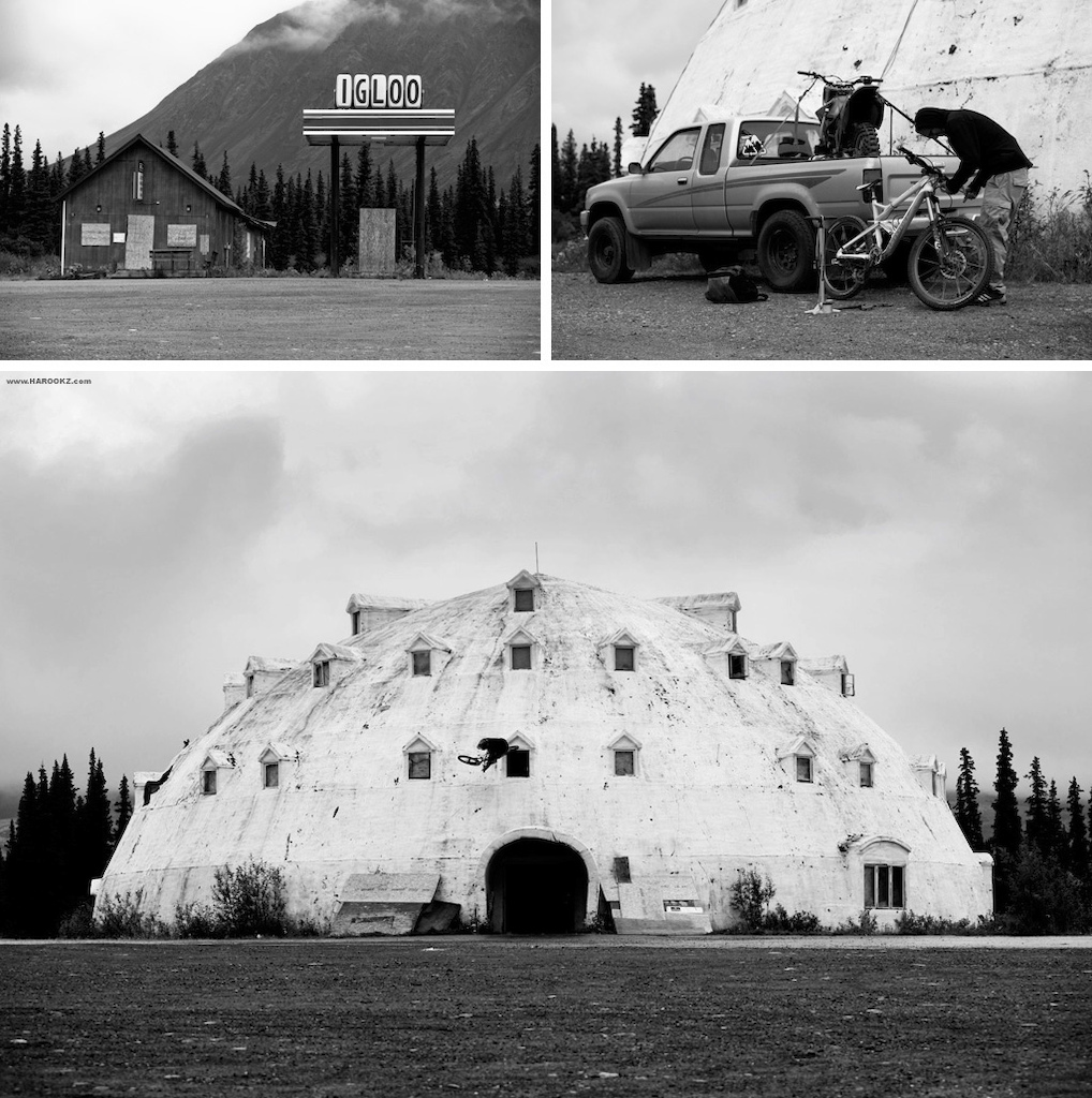 Right off the main highway in Cantwell, Alaska was this abandoned four story igloo hotel. It was built in the 1970's, but the hotel never opened due to building code violations. The interior was unfinished with signs of heavy vandalism and pitstop use, but provided us with sheets of plywood to create a lip and LZ. VanDine was towed in so he'd have enough speed to highmark the igloo. When he had the speed figured out, it started to rain turning the surface into an ice rink, guess it was an igloo after all. He managed to bust out some tables and even tried to ride up and over the 2nd story window. That attempt didn't end too pretty as his bike tagged the apex of the roof and fell straight down as he somehow hung onto the igloo, saving himself from a nasty fall.