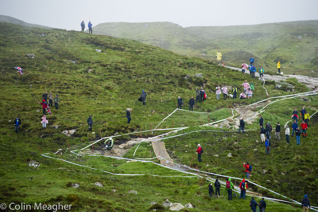 Usually this section of track is lined with fans but the midges and the rain seemed to have brought the number of fans attending down significantly.